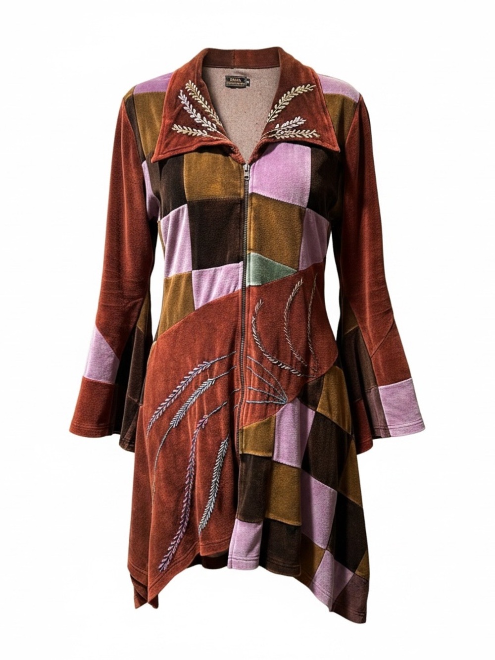 Rising International Patchwork Velvet Jacket in Rust, Purple, Olive & Brown